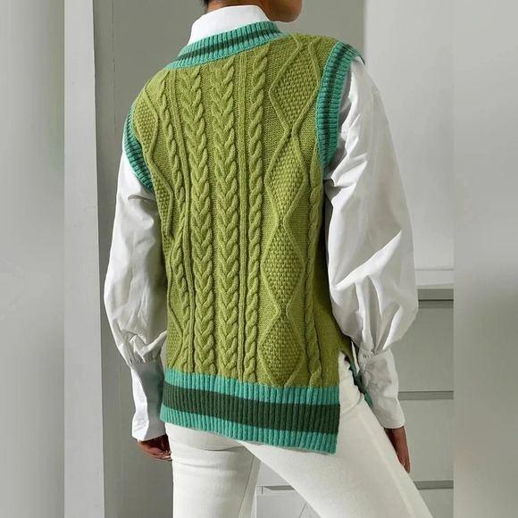 Striped Trim Split Hem Sweater Vest Without Blouse - Picture 6 of 7